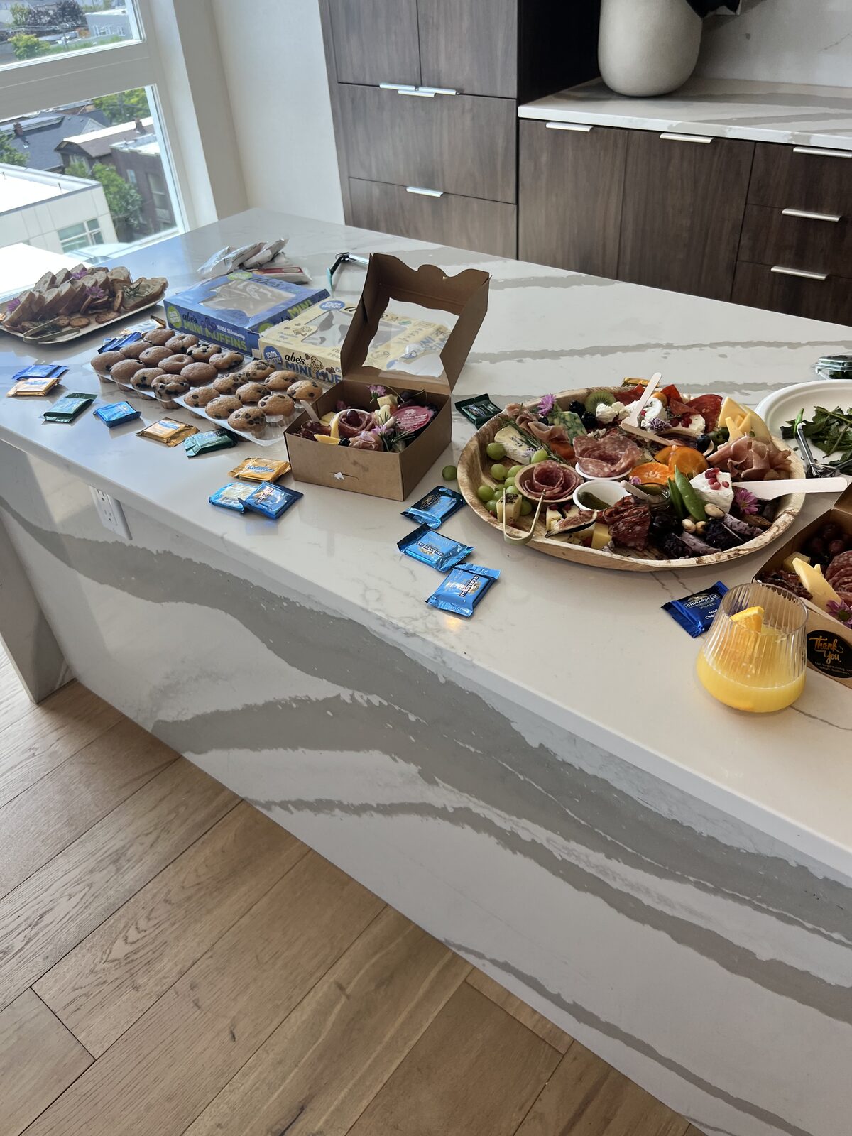 A charcuterie board on the kitchen island